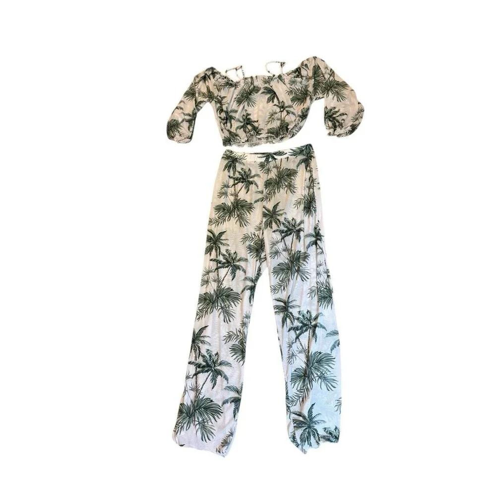 SHEIN Swimwear Cover Up Set Size Girls 12/13 Years Mesh White Green Palm Trees